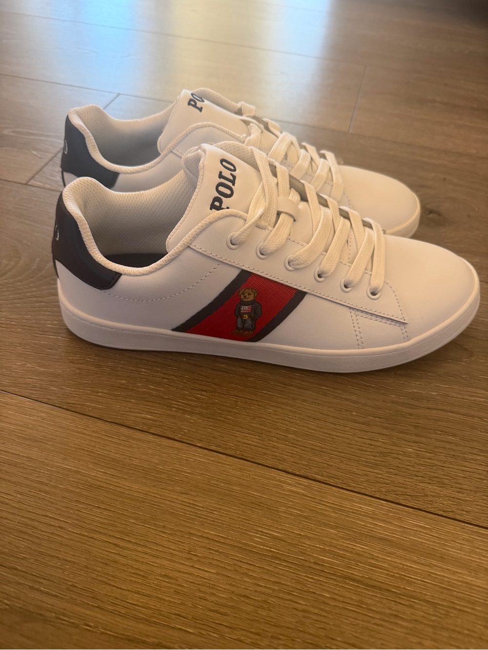 Polo by Ralph Lauren White Sneakers with Red & Navy Stripe and Bear